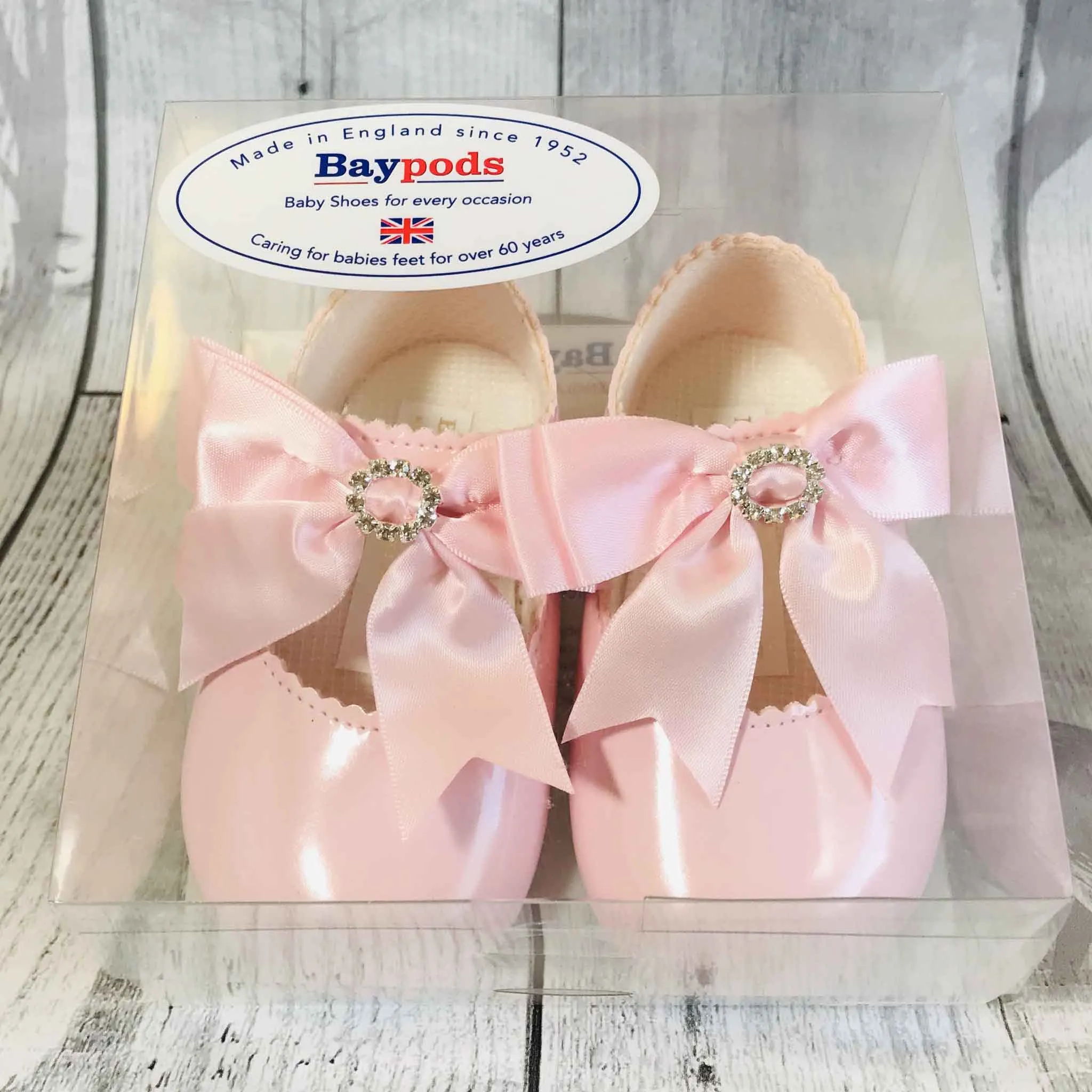 Baby Girl Pram Shoes - Large Pink Satin Bow with Diamante