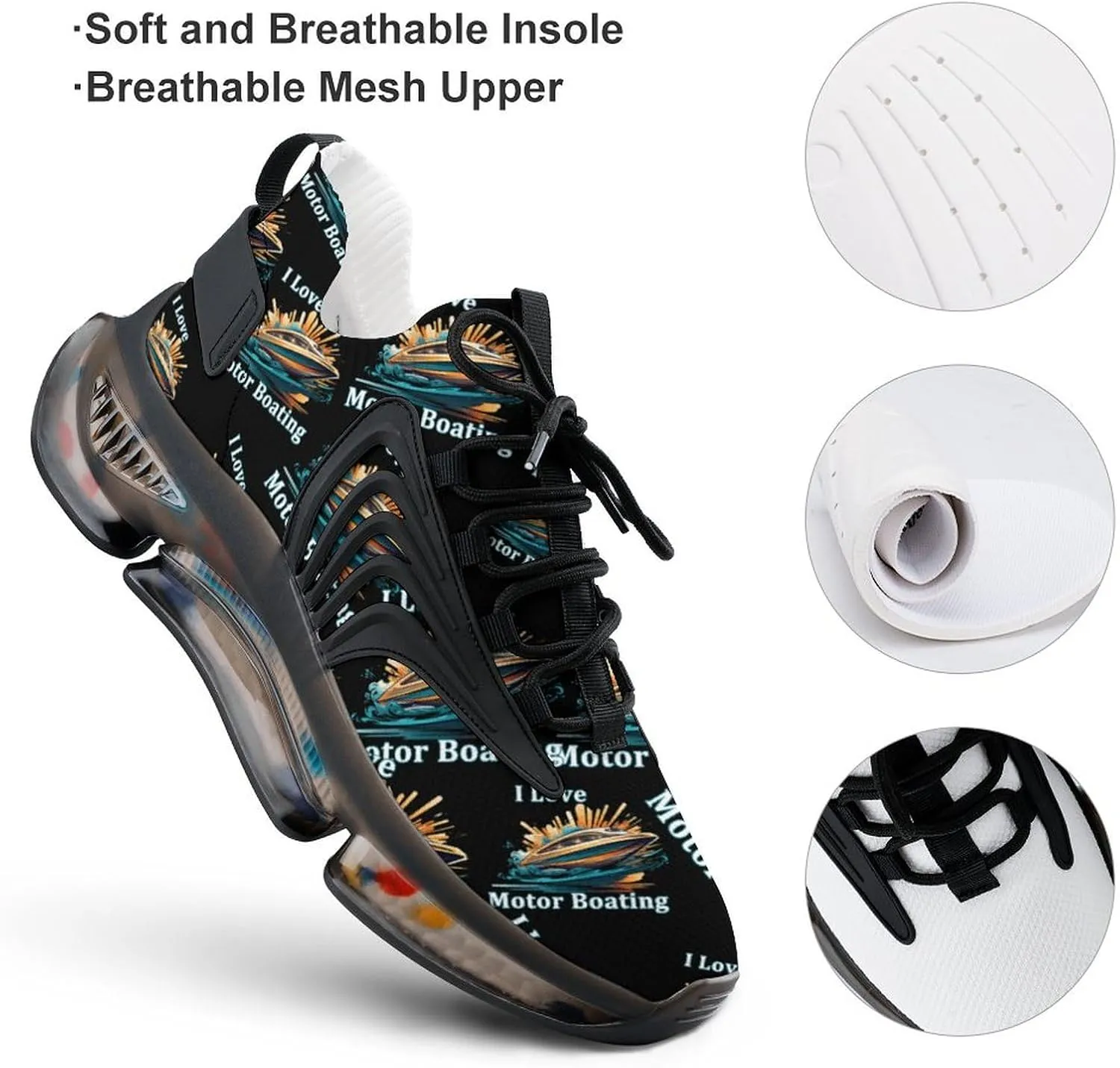 I Love Motor Boating Mens Sneakers Running Shoes Lightweight Athletic Shoes for Jogging Walking Gym