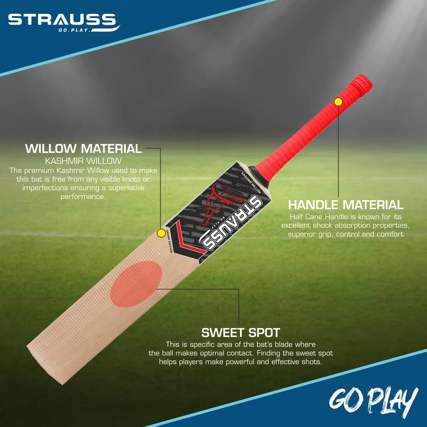 STRAUSS Grand Edition Kashmir Willow Scoop Cricket Bat |Size: Short Handle(SH) |Red| Suitable for Tennis Ball|Ideal for Boys/Youth/Adults (900-1050 Grams)