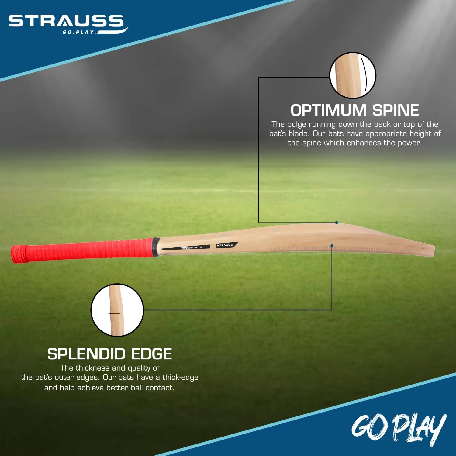STRAUSS Grand Edition Kashmir Willow Scoop Cricket Bat |Size: Short Handle(SH) |Red| Suitable for Tennis Ball|Ideal for Boys/Youth/Adults (900-1050 Grams)