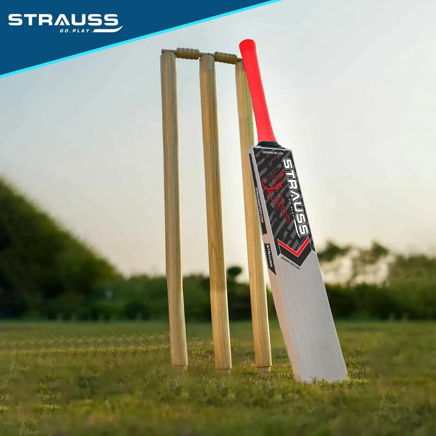 STRAUSS Grand Edition Kashmir Willow Scoop Cricket Bat |Size: Short Handle(SH) |Red| Suitable for Tennis Ball|Ideal for Boys/Youth/Adults (900-1050 Grams)