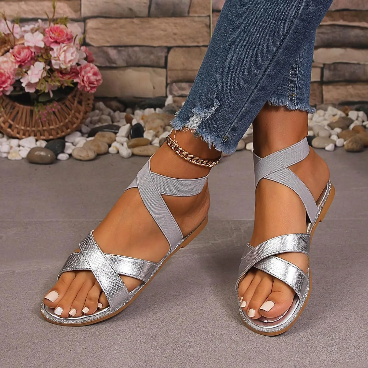 Womens Elastic Ankle Strap Flat Sandals Comfortable Casual Cute Strappy Sandals Open Toe Walking Summer Dressy Shoes