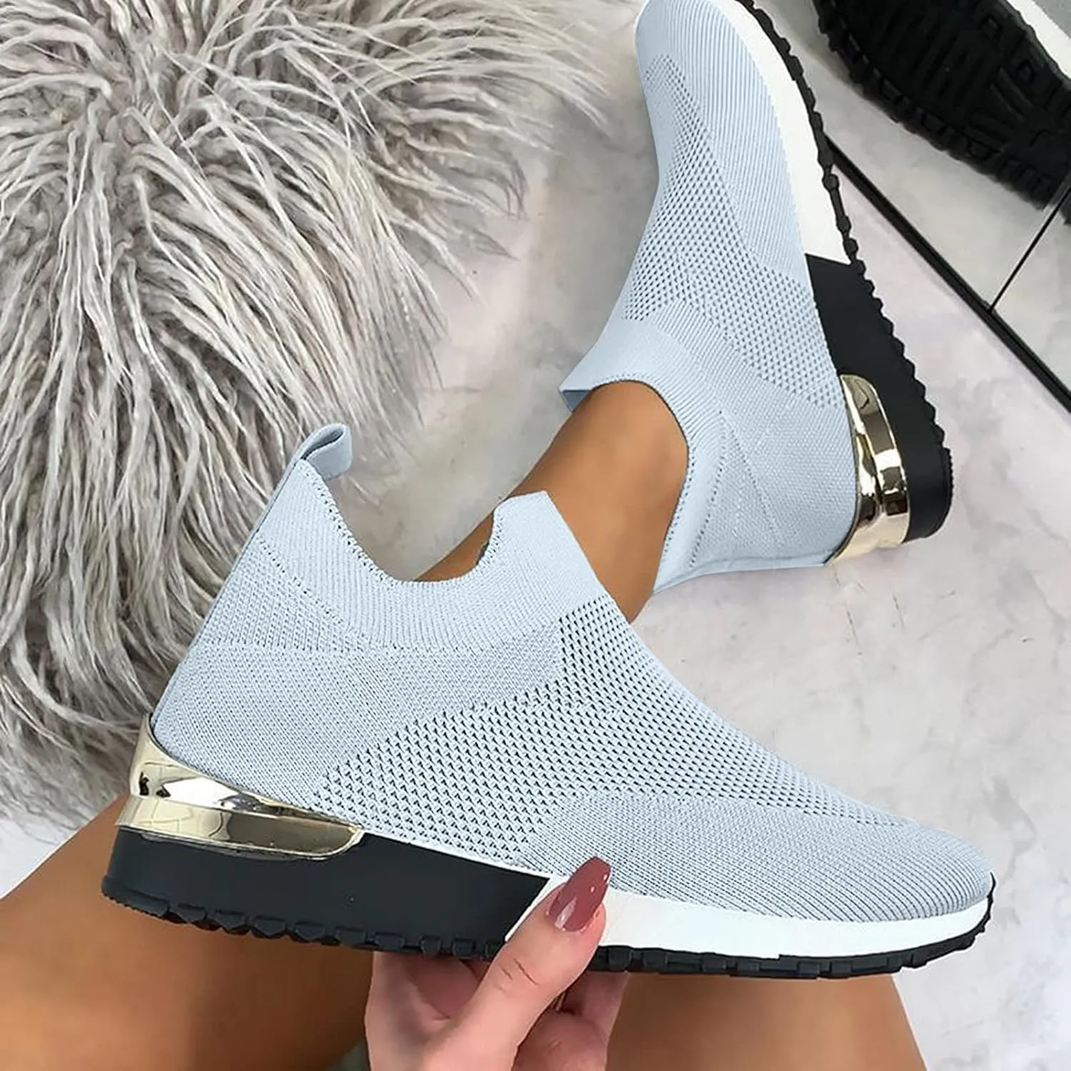 Women's Fashion Sneaker Mesh Slip On Black Non Slip Shoes for Women Comfortable Walking Shoes for Men Wide Width Black Platform Loafers Women Sock Sneakers Women