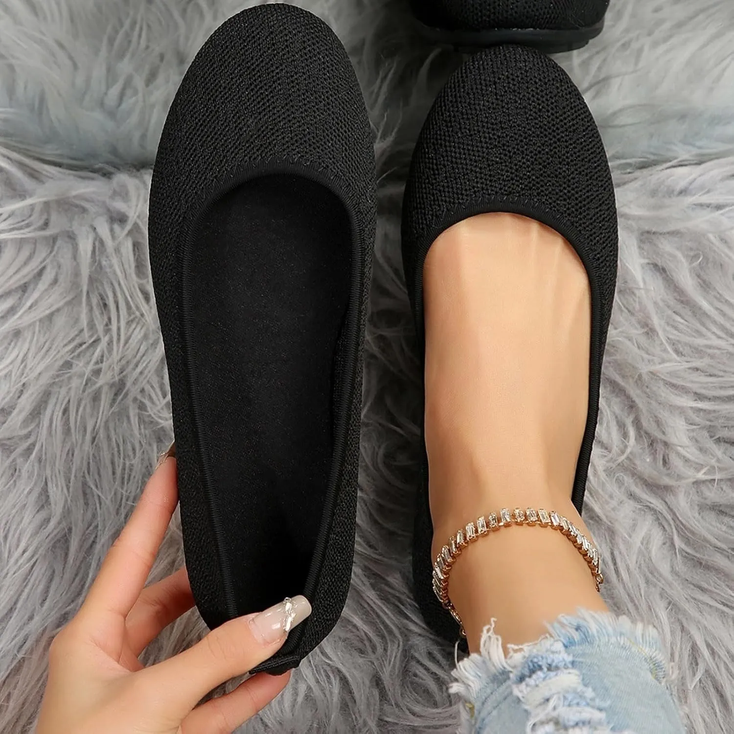 Womens Knit Ballet Flat Shoes Comfort Soft Round Toe Slip On Ballerina Walking Flats Classic Softable Ballet Shoes
