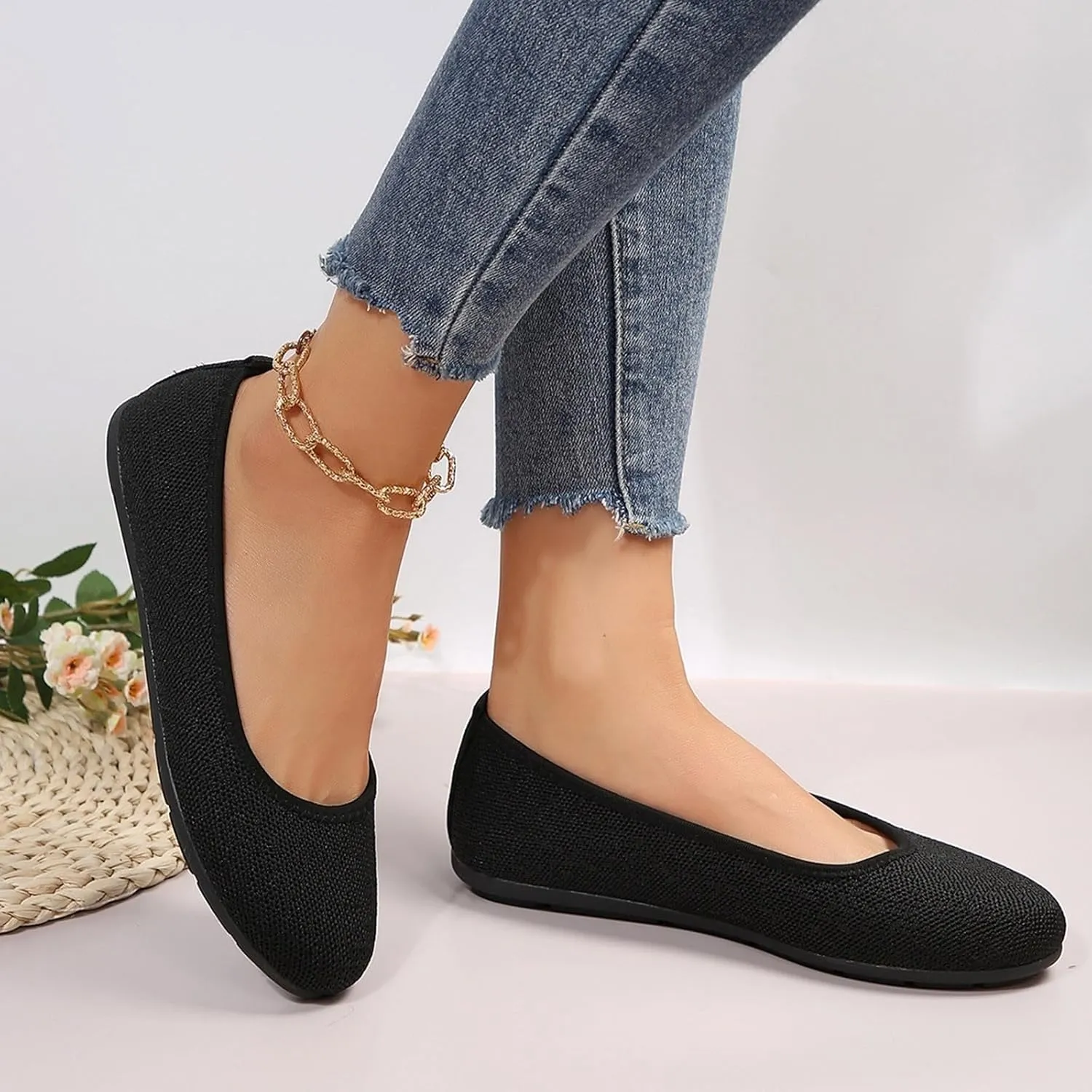 Womens Knit Ballet Flat Shoes Comfort Soft Round Toe Slip On Ballerina Walking Flats Classic Softable Ballet Shoes