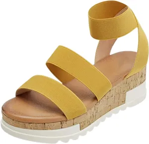 Women's Open Toe Ankle Strap Espadrille Sandals Fashion Non Slip Platform Wedges Sandals Comfortable Elastic Ankle Strap Walking Shoes with Cork Cushioned Insole