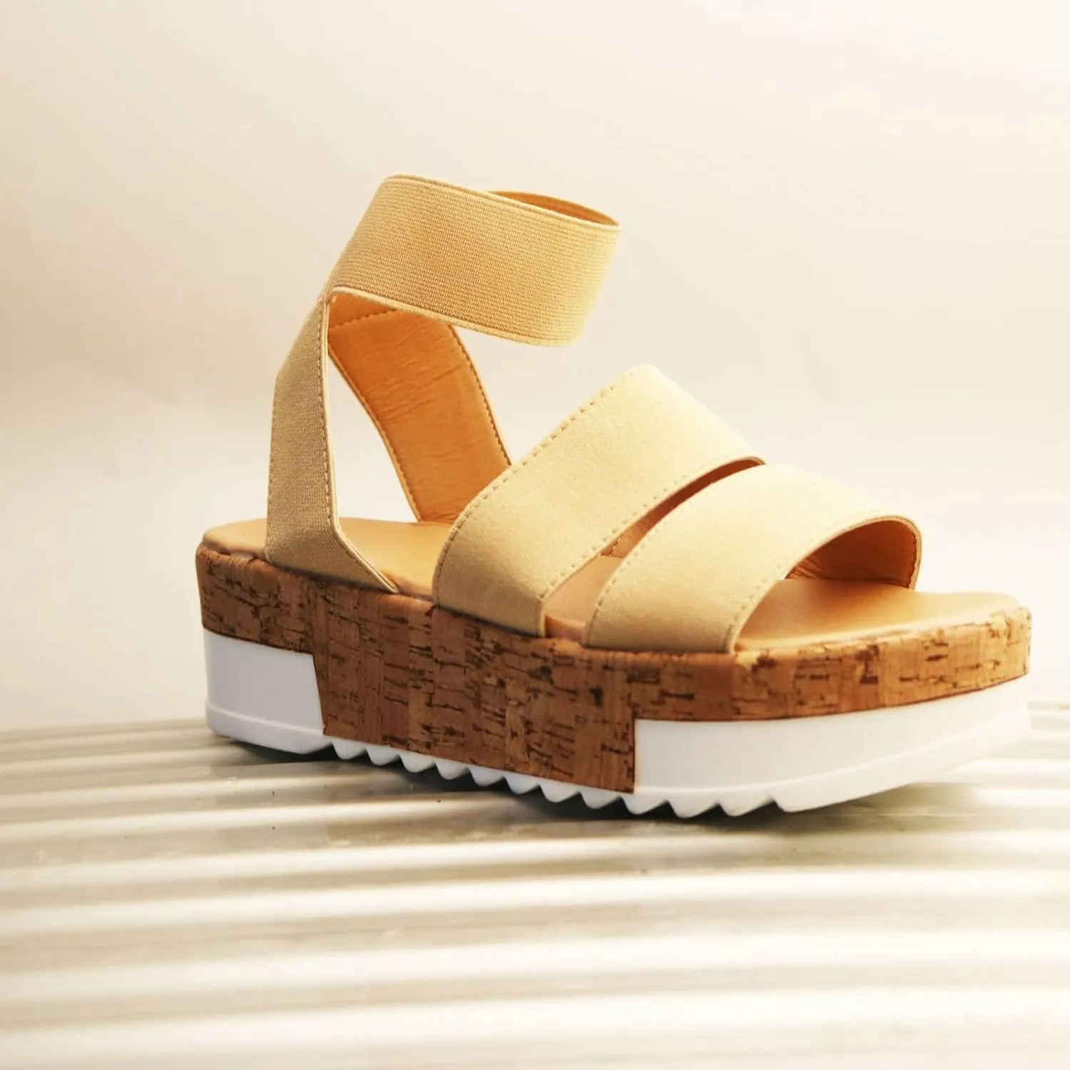 Women's Open Toe Ankle Strap Espadrille Sandals Fashion Non Slip Platform Wedges Sandals Comfortable Elastic Ankle Strap Walking Shoes with Cork Cushioned Insole