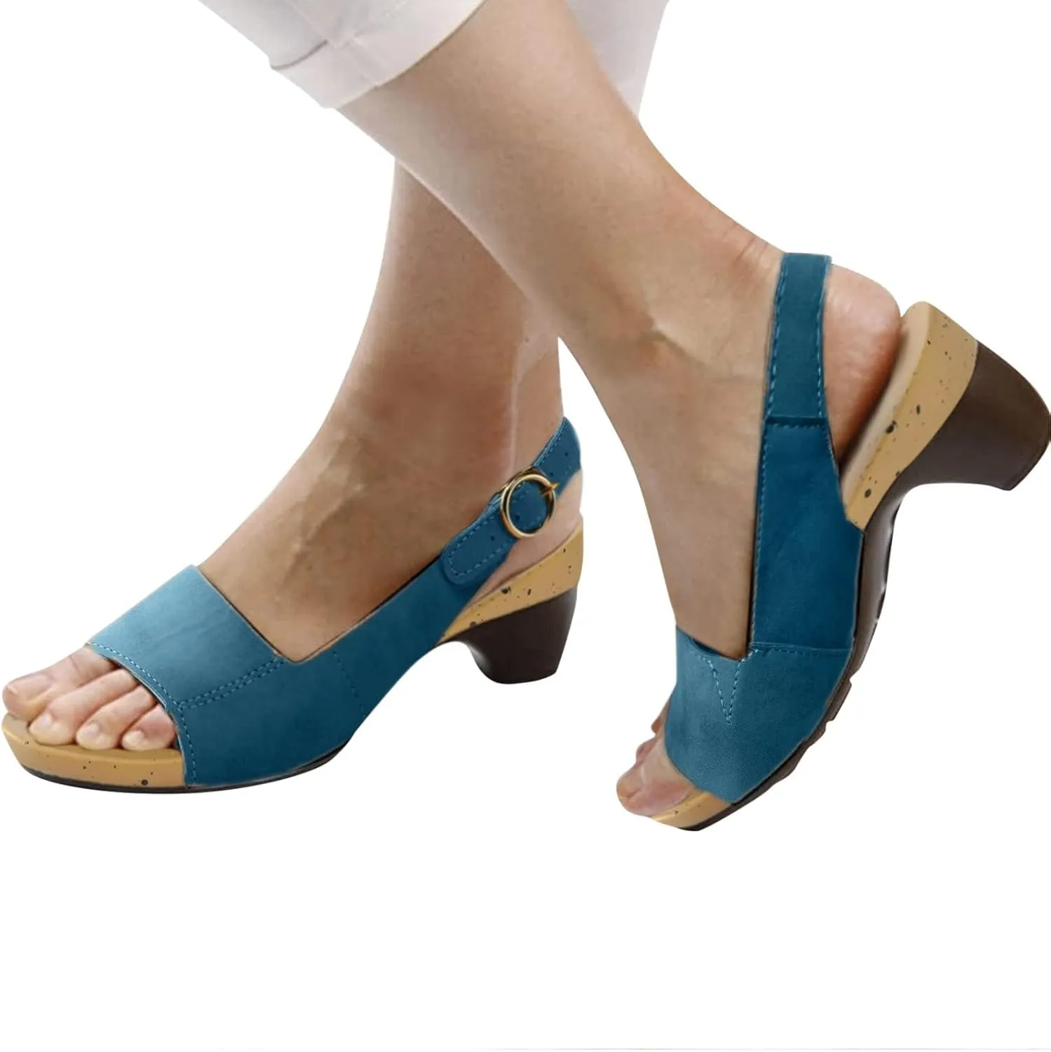 Womens Orthopedic Sandals Fashion Low Heel Wedge Sandals Lightweight Non Slip On Sandal Ladies Fashion Elegant Dance Shoes with Strappy Ankle Strap Metal Buckle