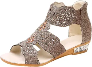Women's Sandal Comfortable Gladiator Sandals Open Toe Shiny Rhinestone Bling Jeweled Shoes Back Zipper Low Wedge Walking Shoes Casual & Dressy Summer Shoe