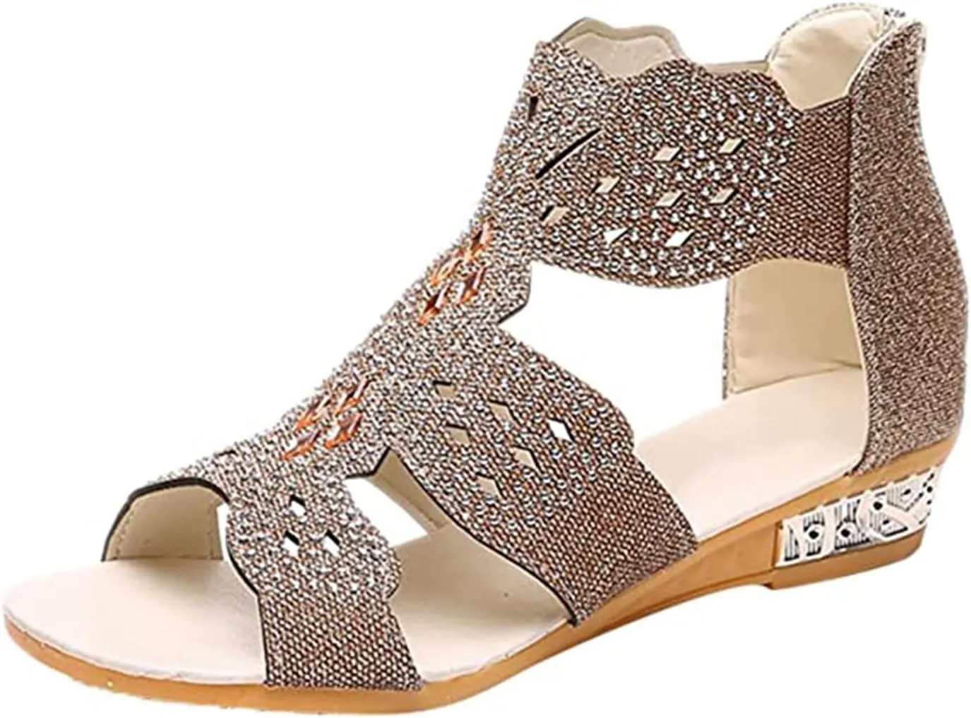 Women's Sandal Comfortable Gladiator Sandals Open Toe Shiny Rhinestone Bling Jeweled Shoes Back Zipper Low Wedge Walking Shoes Casual & Dressy Summer Shoe